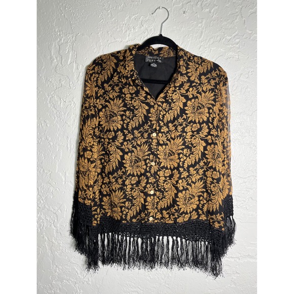 Spenser Jeremy Tops - Spenser Jeremy Silk Blouse Black Gold Floral Paisley Fringe Crochet Trim Size 12